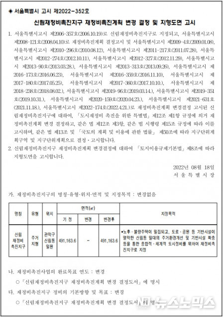 ‘신림1재정비촉진구역 재개발 사업’ 재정비촉진계획 변경 결정 및 지형도도면 고시/사진=한국토지신타