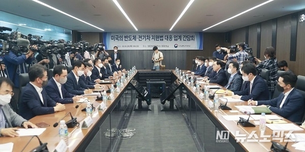 이창양 산업통상자원부 장관이 25일 오전 서울 중구 대한상공회의소에서 열린 미국의 반도체·전기차 지원법 대응 업계 간담회에 참석해 발언하고 있다. /사진=산업통상자원부