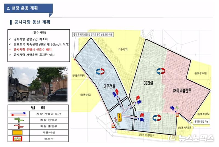 산성동 재개발 공사현장 진출입도로와 비재개발지역 주민들이 사용하는 도로가 겹쳐서 주민들의 불편이 더욱 커지고 있다. 비재개발지역 주민들의 안전을 위해 별도로 사용도로를 확보해야 한다는 주장이 제기되고 있다./산성동비재개발지역 안전대책위원회 제공