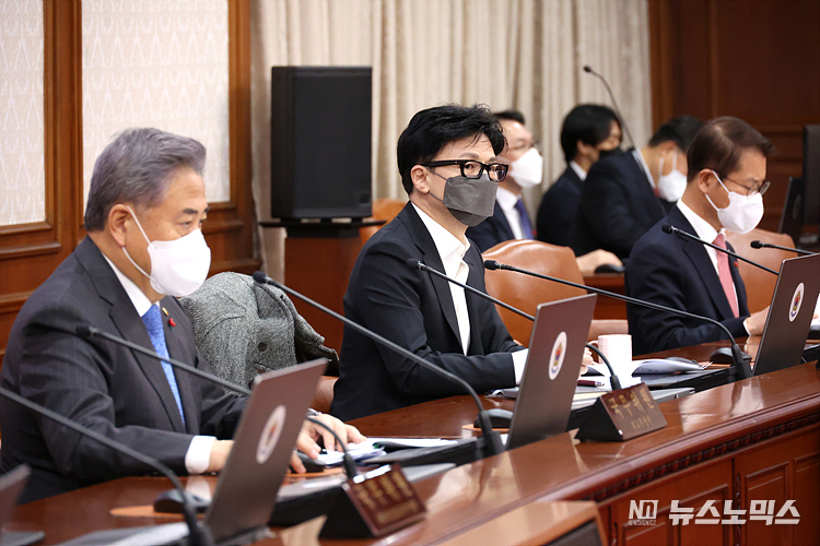 한동훈 법무부 장관이 20일 서울 종로구 정부서울청사에서 열린 세종청사와의 화상 국무회의에 참석하고 있다. ⓒ정의철 기자