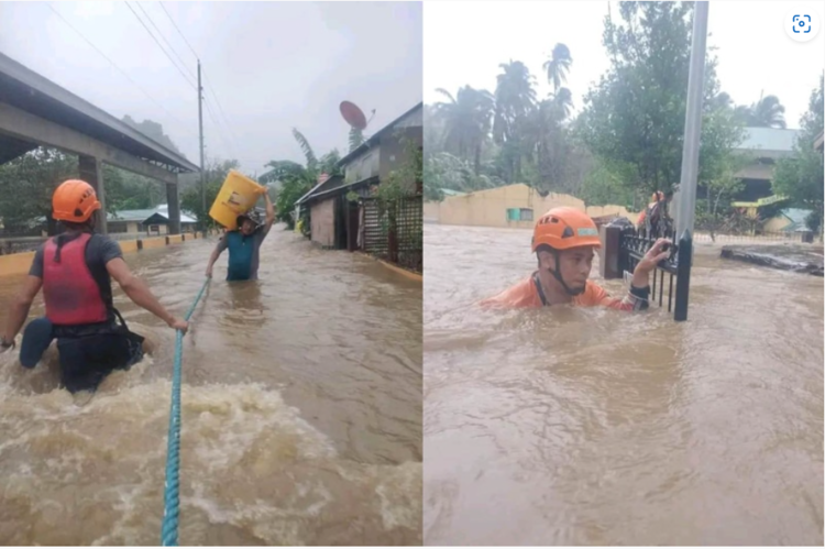 <strong>X’MAS DAY FLOODING. Rescuers brave chest-high floodwaters in different barangays in Tudela, Misamis Occidental on Christmas Day on Sunday, Dec. 25, 2022. Misamis Occidental Police Provincial Office Facebook page</strong>