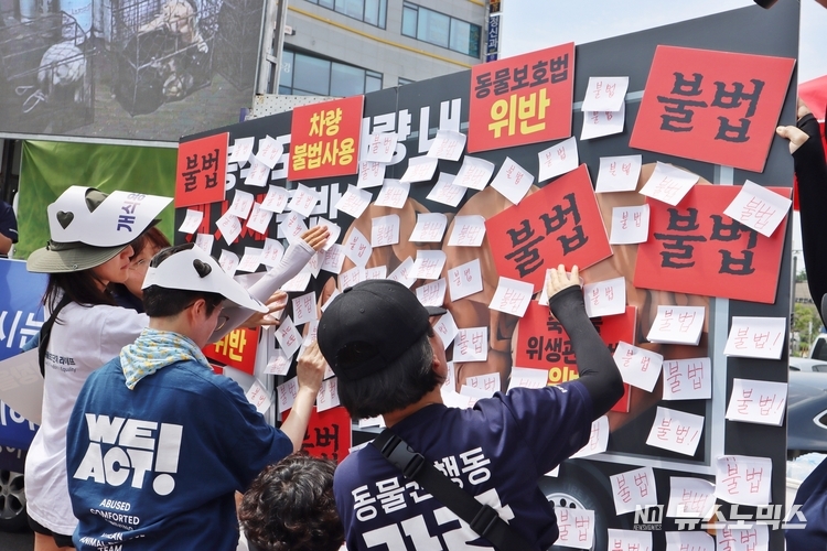 카라 등 동물보호단체와 시민들이 모란 개시장의 불법 행위를 규탄하는 퍼포먼스를 진행하고 있다