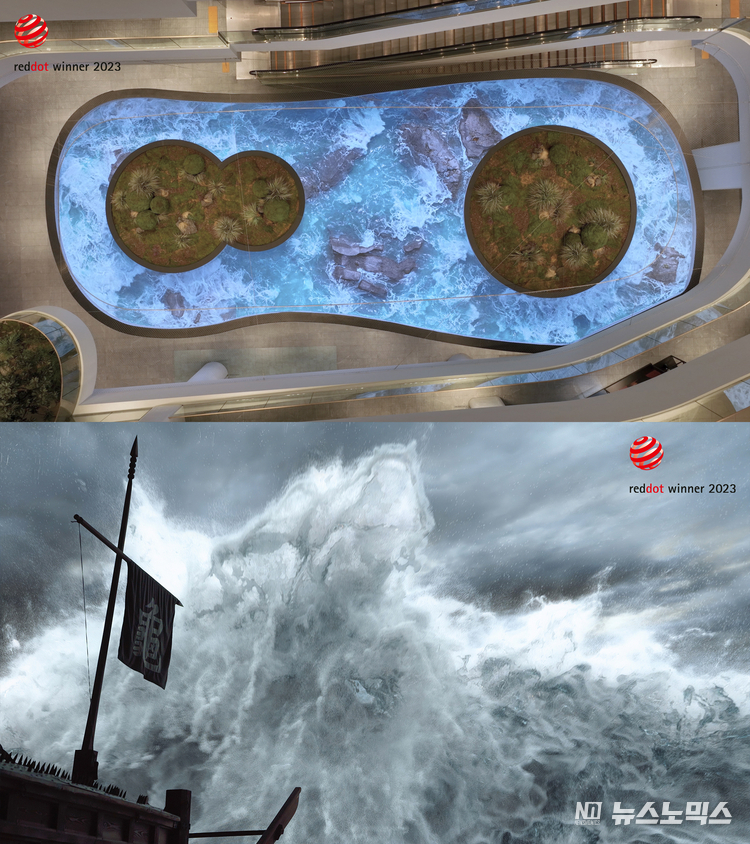 2023 레드닷 디자인 어워드 수상작인 롯데백화점 동탄 아트 컬렉션 프로젝트 ‘Shapes of Life’(위쪽), 전쟁기념관 ‘OCEAN: 거북선과 격랑의 파도’(아래쪽)(사진: 디스트릭트 제공)