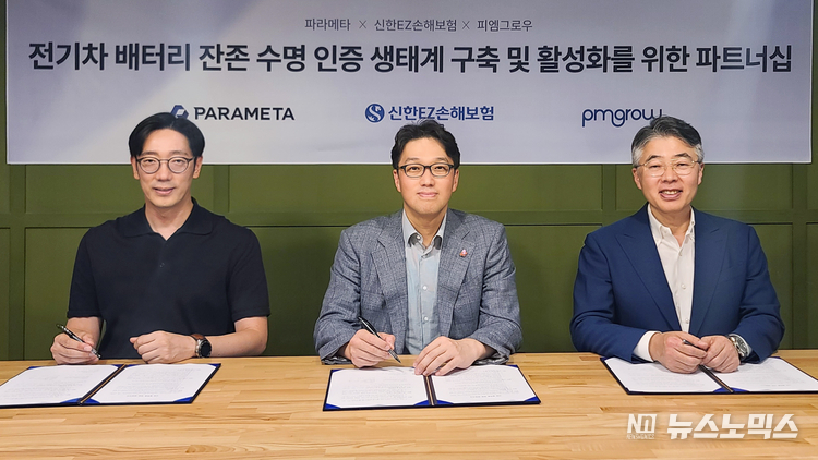 김종협 파라메타 대표,과강병관 신한EZ손해보험 대표, 박재홍 피엠그로우 대표는 최근 '전기차 잔존 수명 인증 생태계 구축 및 활성화를 위한 파트너쉽'에 관한 포괄적 업무협약(MOU)을 체결했다.