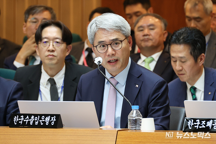 윤희성 한국수출입은행장이 24일 서울 영등포구 한국수출입은행 본점에서 열린 국회 기획재정위원회 한국수출입은행·한국조폐공사·한국투자공사·한국재정정보원·한국원산지정보원에 대한 국정감사에서 의원 질의에 답하고 있다. ⓒ정의철 기자