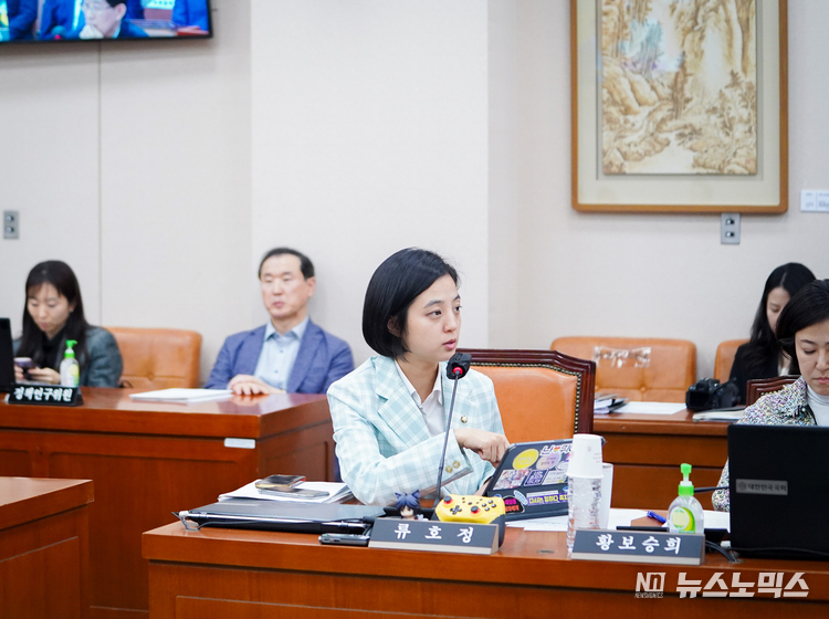 24일 진행된 국회 문화체육관광위원회 국정감사에서 정의당 류호정 국회의원은 문화체육관광부에 국기원이 운영하는 태권도 시범단 파견사범의 처우 개선을 주문하고 있다./사진=류호정 국회의원실