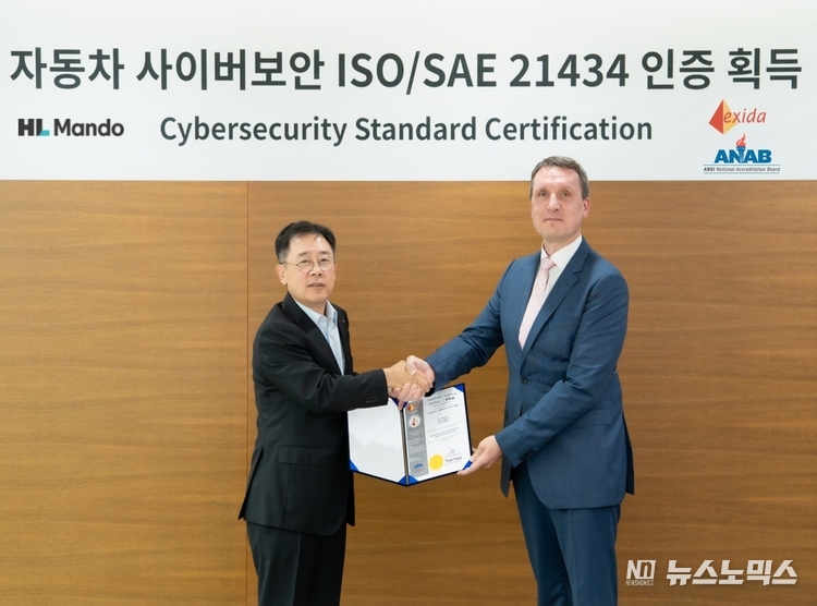 HL만도 조성현 부회장(왼쪽)과 엑시다 알렉산더 그리싱 COO(오른쪽)가 인증서 수여식 후 기념촬영을 하고 있다./사진=HL만도