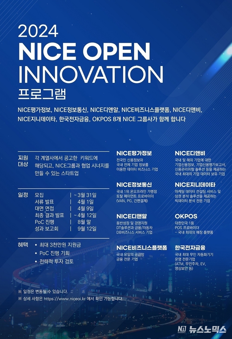 2024년 제3회 NICE OPEN INNOVATION 프로그램은 NICE그룹의 총 8개 계열사가 참여한다<br>
.