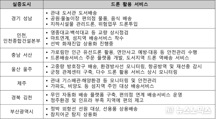 드론 실증도시 구축사업 성과(실증도시별 드론 활용 서비스 표)