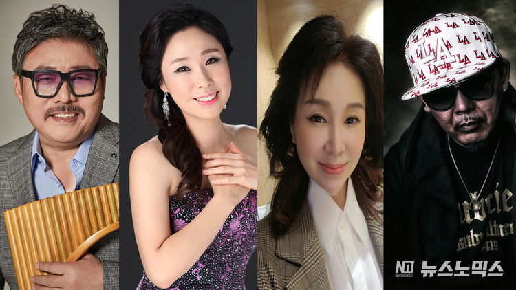 (좌)펜플룻 연주자 김용남. 소프라노 손정윤. 늦깍이 가수 최지원. 가수 엄태산.