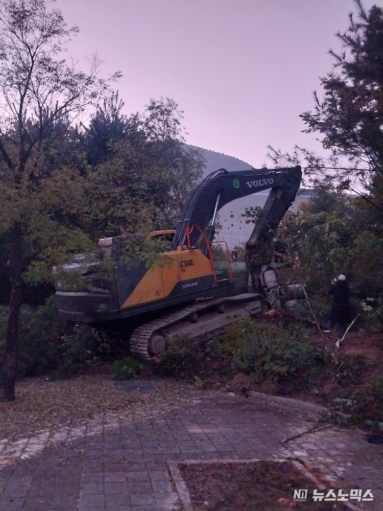 지난 13일 동두천시와 옛 성병관리소 철거계약을 맺은 업체의 굴착기가 경기북부어린이박물관 쪽 야외공연장의 시민 쉼터 나무를 쓰러뜨리며 옛 성병관리소 부지 강제 진입을 시도하고 있다../사진=공대위