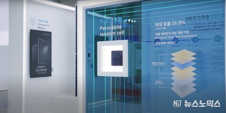 2024년 4월 대구에서 열린 국제그린에너지엑스포 한화큐셀 전시 부스에 한화큐셀이 자체 개발하고 제작한 탠덤 셀이 전시돼 있다.