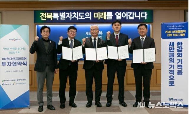 HD현대인프라코어가 26일 전북도청에서 전북도·군산시·한국산업단지공단과 '엔진 및 배터리팩 제조시설 건립을 위한 투자협약'을 체결했다. 왼쪽부터 신영대 국회의원, 신원식 군산시 부시장, HD현대인프라코어 오승현 사장, 박종배 한국산업단지공단 전북지역본부장, 김관영 전북 도지사 /사진=HD현대인프라코어