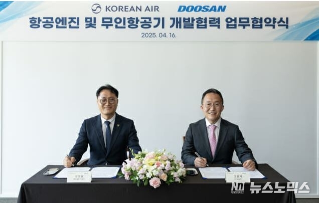 16일 두산에너빌리티 창원 본사에서 열린 항공엔진 및 무인 항공기 개발 사업 양해각서(MOU) 체결식에서 고민석 GT개발 담당(오른쪽)과 김경남 대한항공 항공기술연구원장이 서명하고 있다./사진=두산에너빌리티