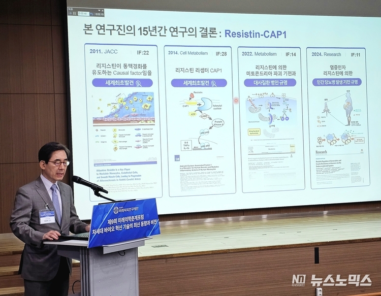 킴셀앤진 창업자이자 대표이사인 김효수 교수가 최근 열린 ‘제9회 미래의학춘계포럼’에서 발표하고 있다
