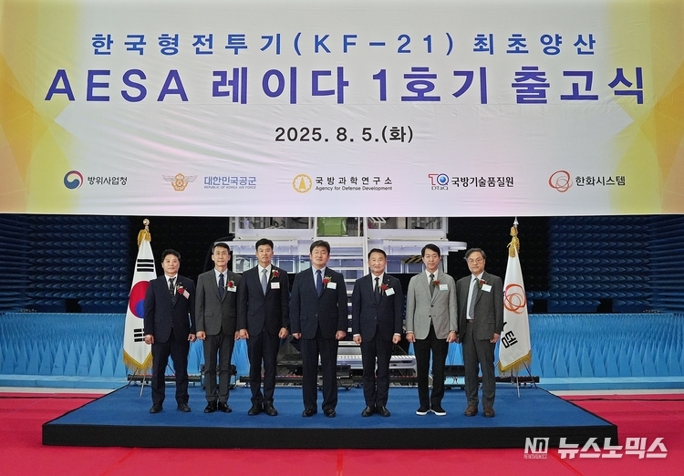 지난 5일 오후 한화시스템 용인종합연구소에서 한국형전투기(KF-21)용 AESA 레이다 양산 1호기 출고식이 개최됐다. 왼쪽에서 세번째 박혁 한화시스템 DE사업부장, 네번째 정규헌 방위사업청 미래전력사업본부장(고위공무원)